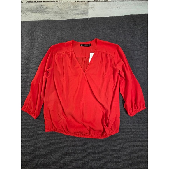 New York & Company Tops - New York & Company Blouse Women Medium Red Faux Wrap V-Neck 3/4 Sleeve New